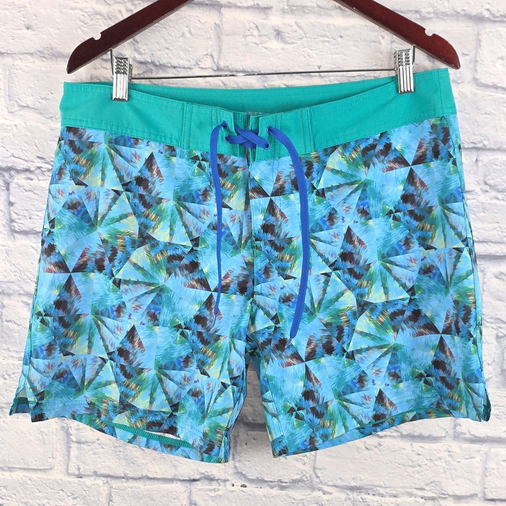 Prana Mens Blue Makenna Geometric Print Board Shorts Swim Trunks Size Large 35"